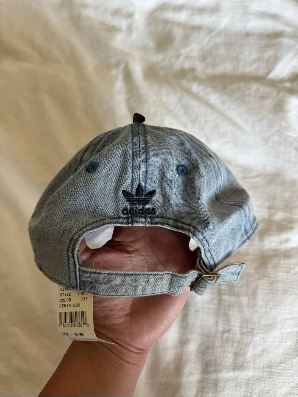 adidas embroidered trefoil Strapback cap in light wash denim NWT